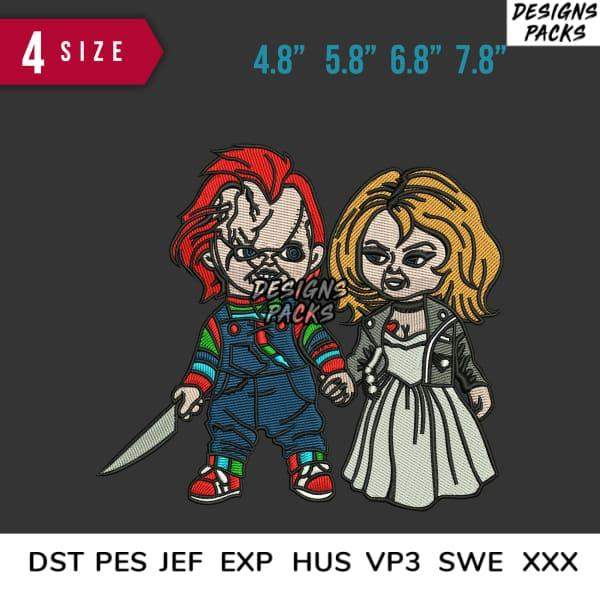 Chucky and Tiffany embroidery design in 4 sizes, print-ready formats for DTG, DTF, and tumbler wraps