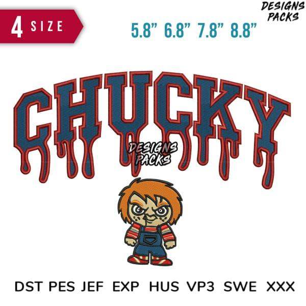 Chucky embroidery design with dripping text, 4 sizes, PES DST JEF formats for machine embroidery