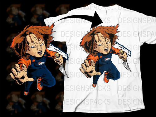 Chucky horror character in Denver Broncos gear, holding knife, printed on white t-shirt design