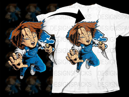 Chucky horror character in blue overalls holding knife, printed on white t-shirt, DTF/DTG design