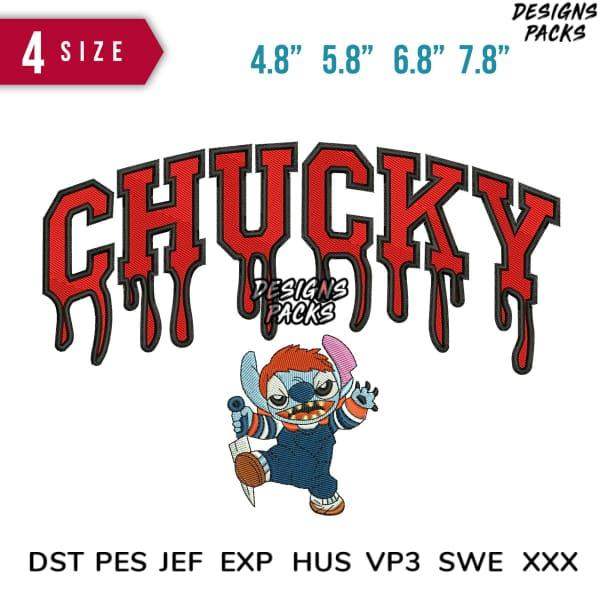 Chucky embroidery design with Stitch character, available in multiple sizes and formats