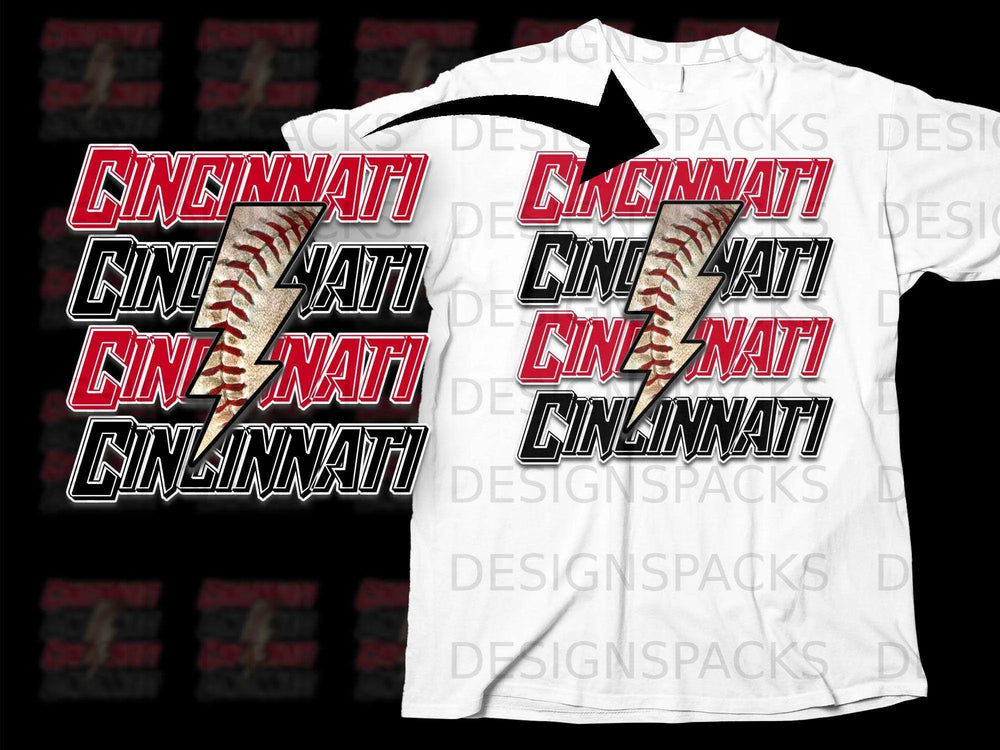 Cincinnati Text with Baseball Lightning Bolt T-Shirt