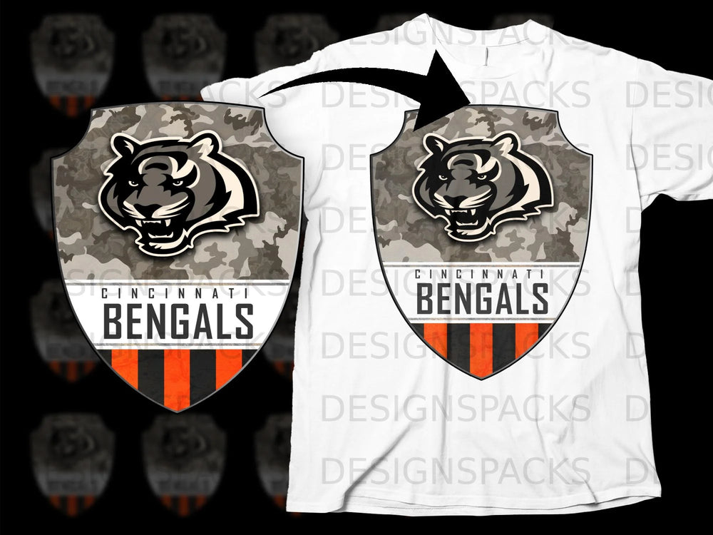 Cincinnati Bengals shield logo with tiger head and camouflage pattern on white t-shirt.