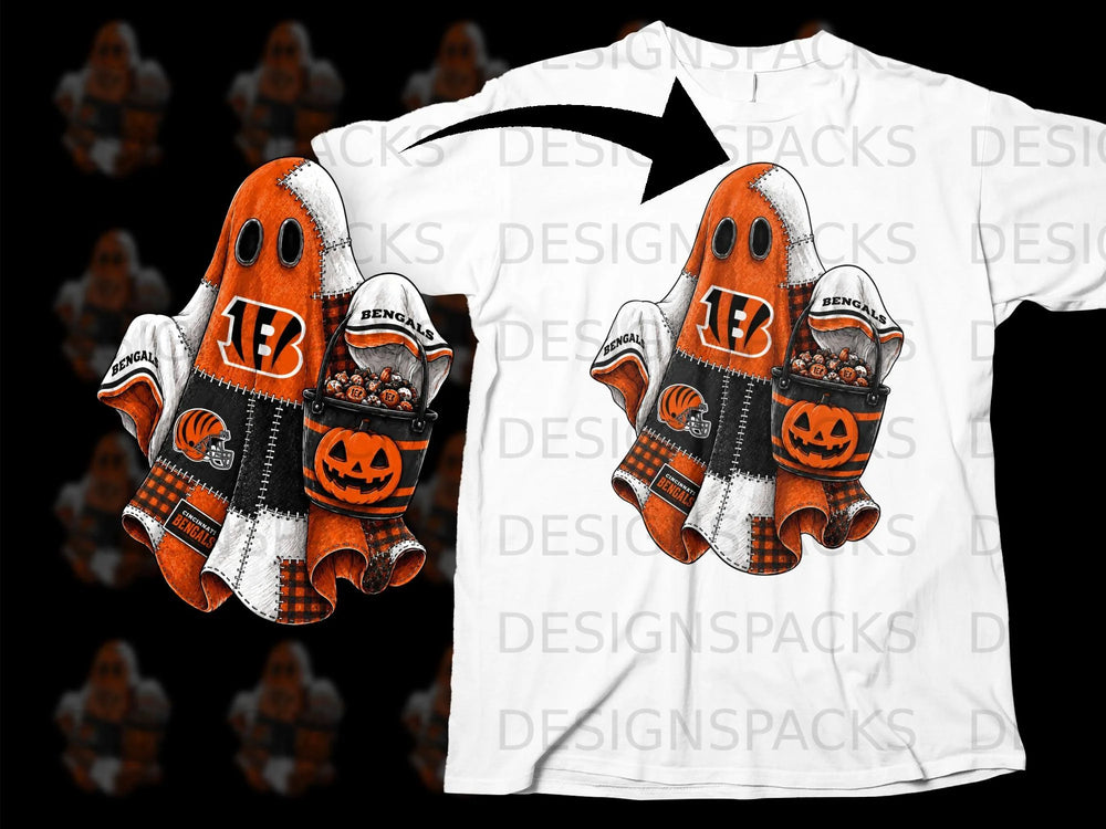 Cincinnati Bengals ghost with candy bucket on a white t-shirt.