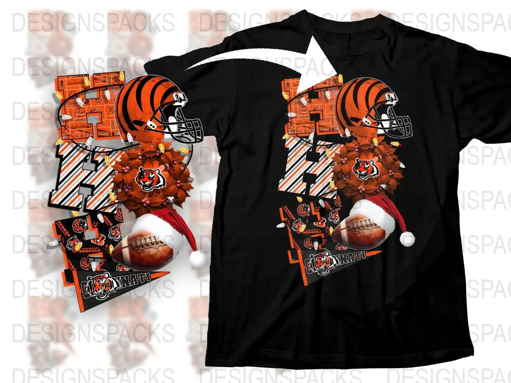 Sports Team Holiday T-Shirt, Festive Football Santa Helmet Graphic Tee, Casual Black Shirt for Fans