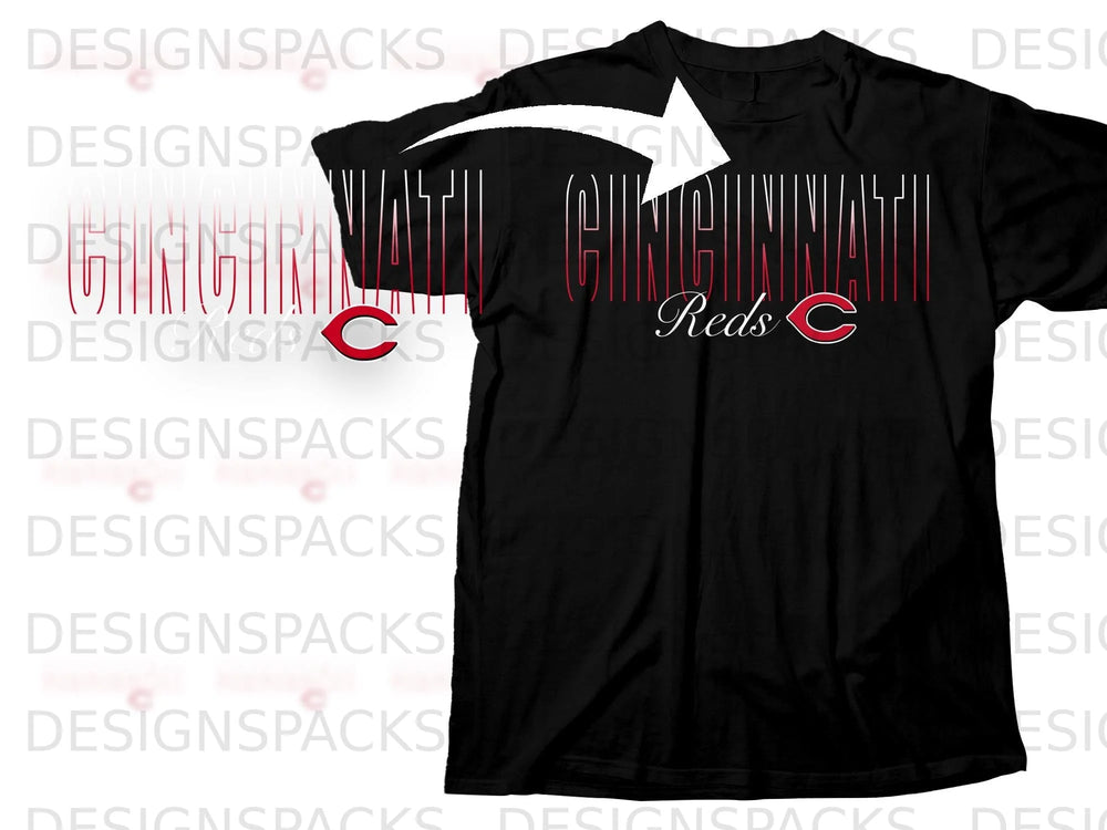 Black t-shirt with "CINCINNATI" in red and white stripes and a Cincinnati Reds logo.