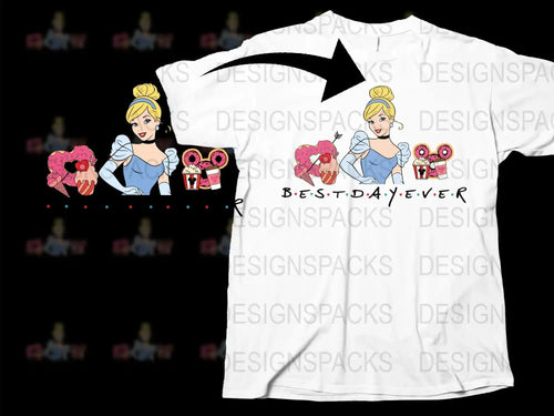 Women's White T-Shirt, Cartoon Princess Graphic, Doughnuts and Coffee, Fun Cute Casual Top