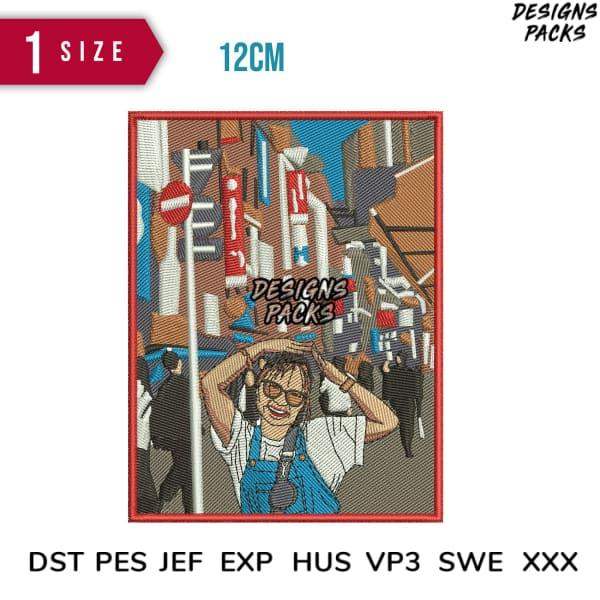Embroidery design of woman in cityscape, 12cm size, compatible with DST PES JEF formats for instant download