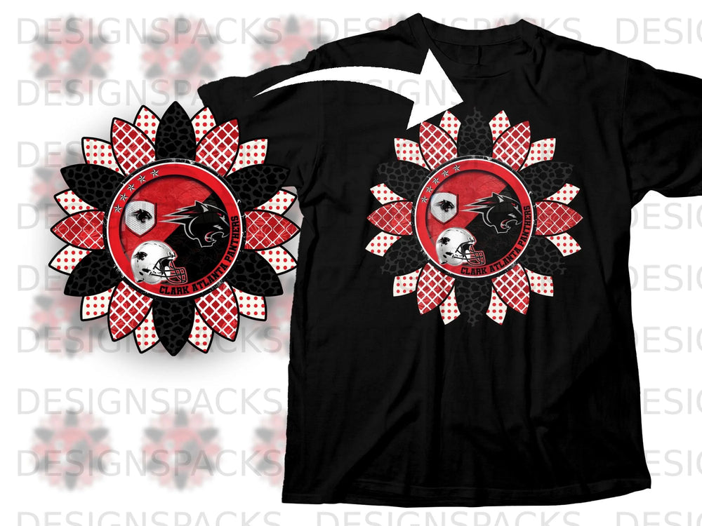 Black t-shirt featuring a sunflower design with Clark Atlanta Panthers logo and football helmet.