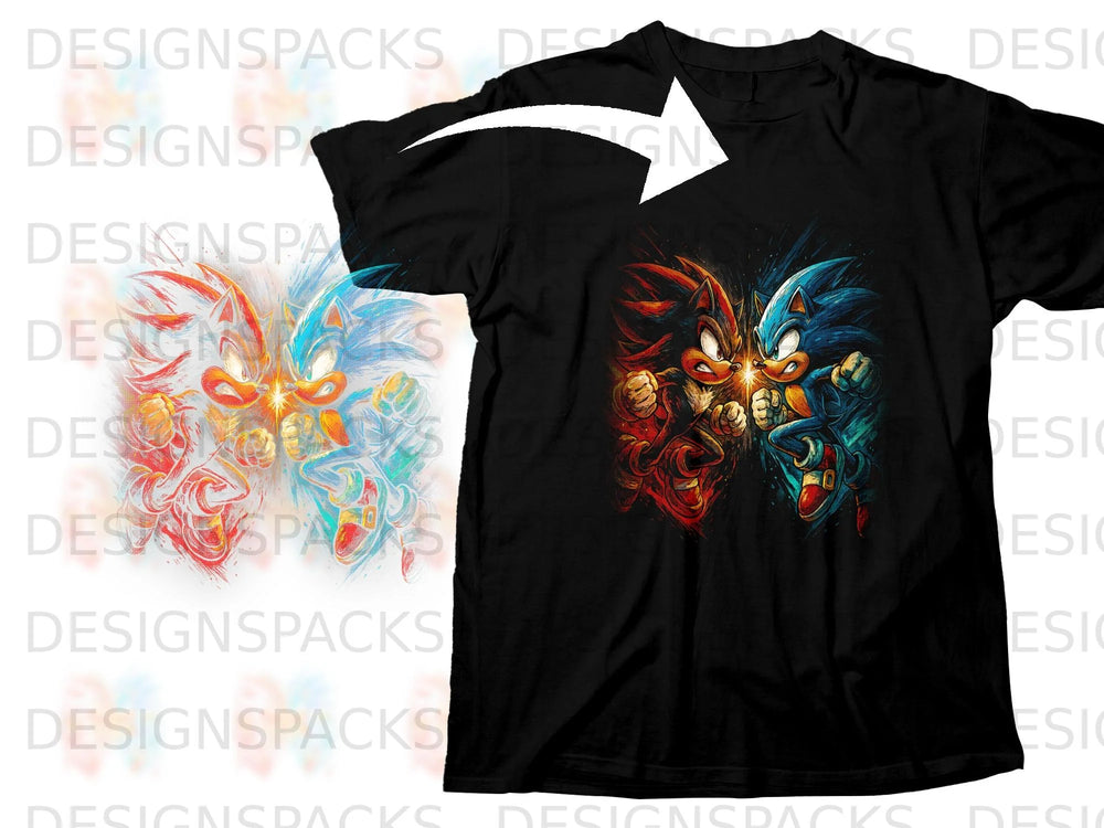 Black t-shirt with Sonic and Shadow fighting art print.