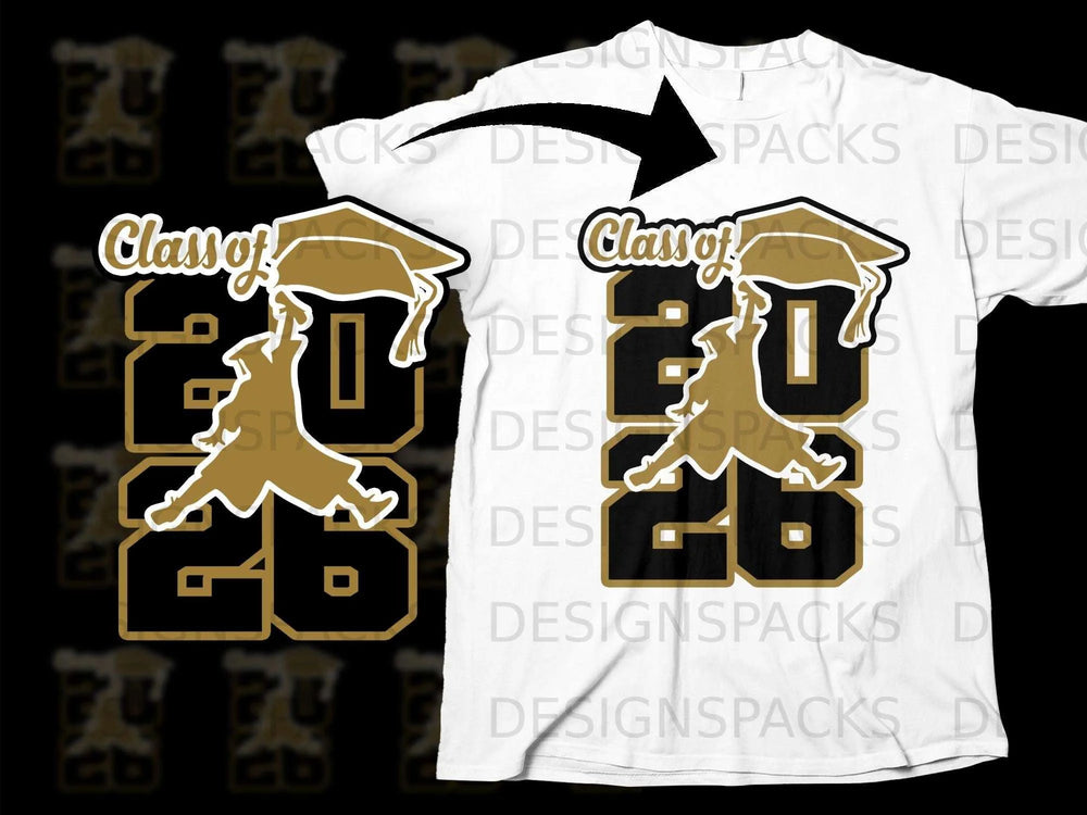 Gold and black "Class of 2026" graphic with graduation cap on a white t-shirt.