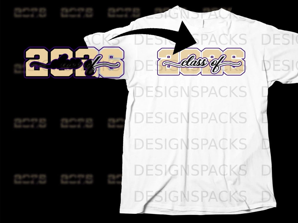 White t-shirt featuring "Class of 2023" in gold and purple lettering.
