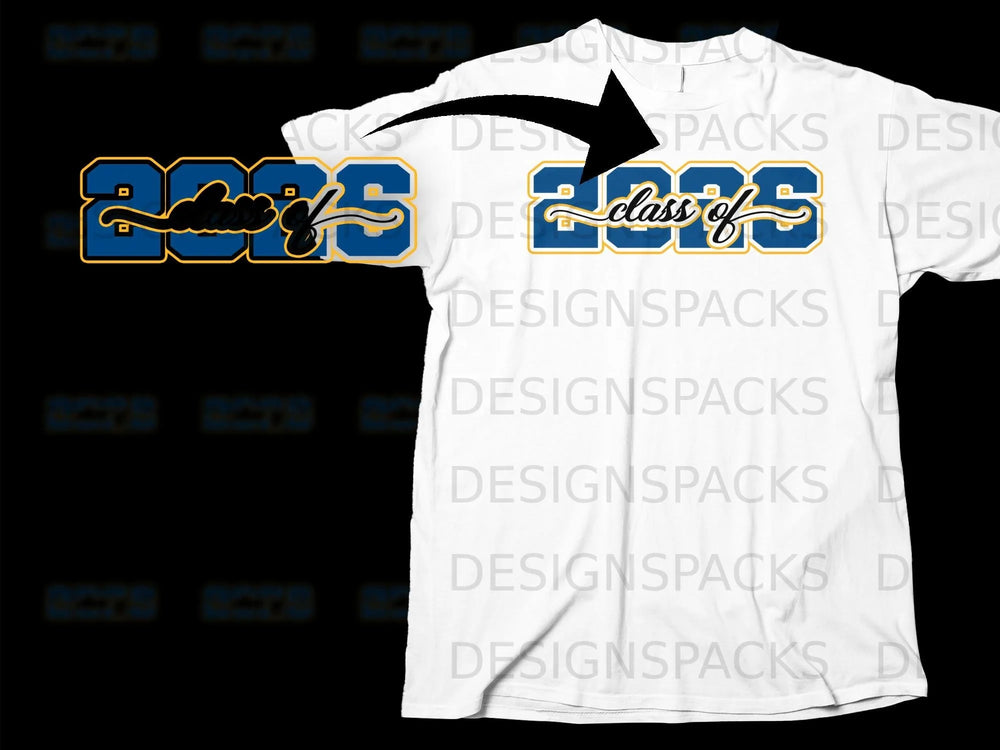 Blue and yellow "class of 2023" text design on a white t-shirt.