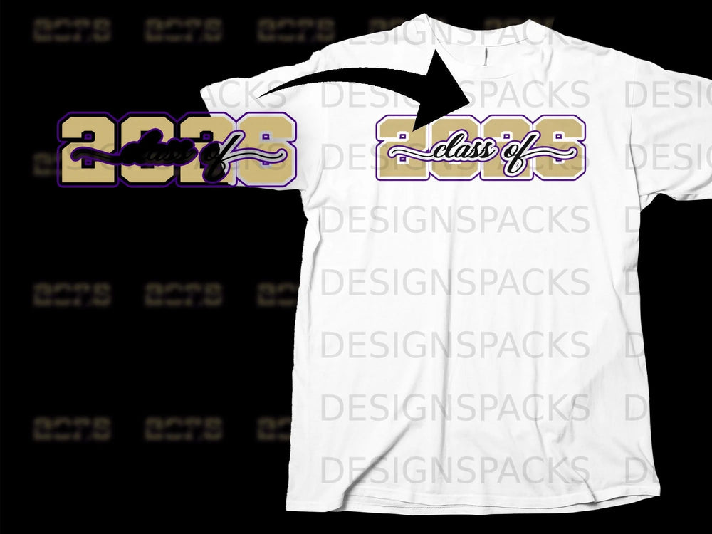 White t-shirt with gold and purple "Class of 2023" graphic.