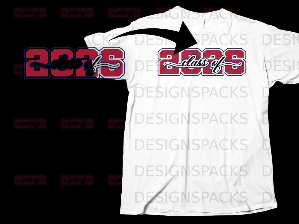 Red and blue "2025 class of" graphic on white t-shirt with black background.