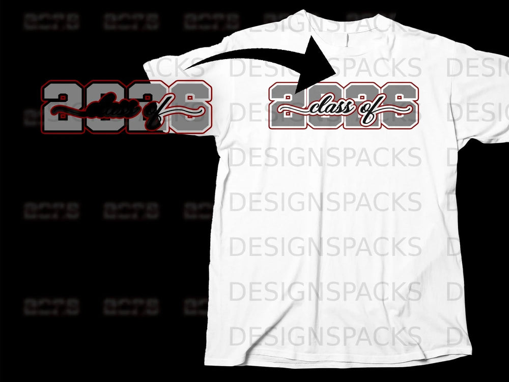 Class of 2026 graphic with red and grey lettering on a white t-shirt.