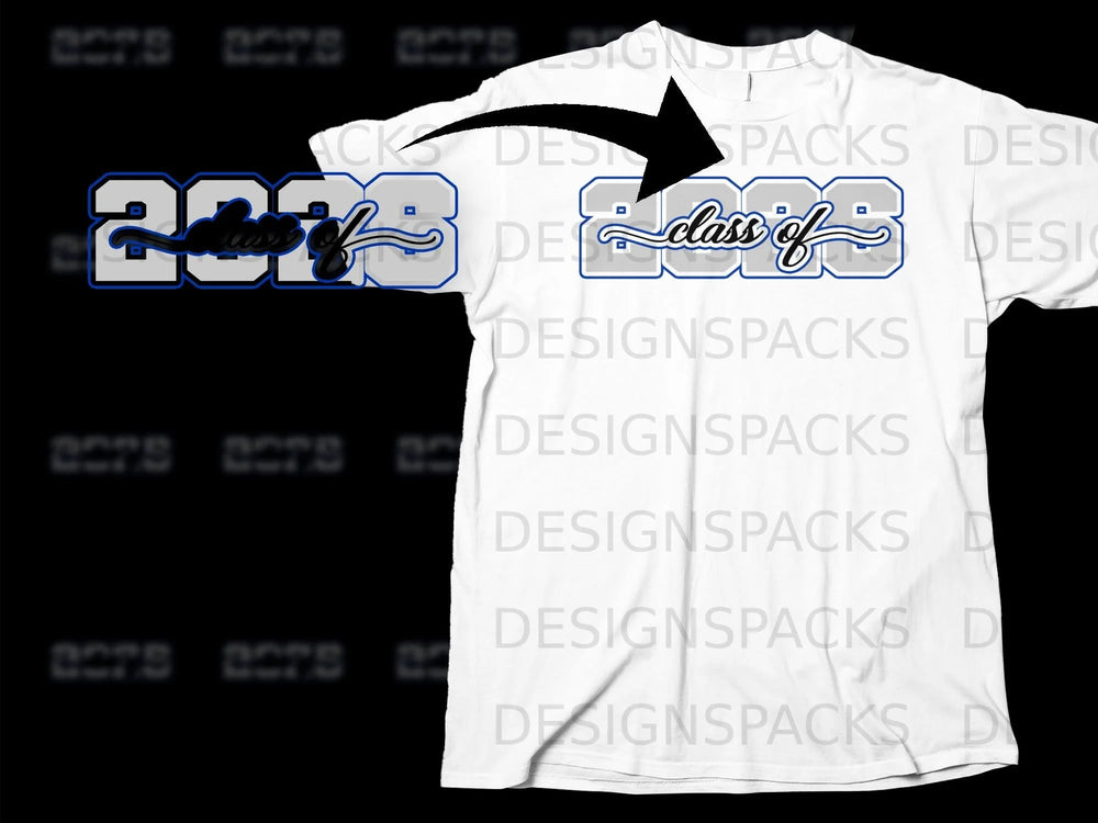White t-shirt with "class of 2023" design in blue and grey.
