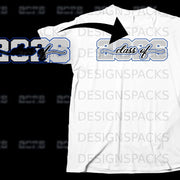 White t-shirt with "class of 2023" design in blue and grey.