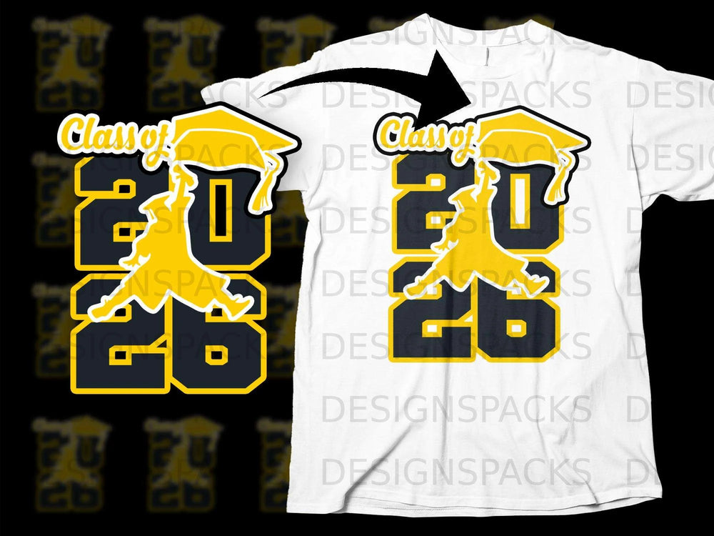 Yellow and black "Class of 2026" graphic with graduation cap over a white t-shirt.