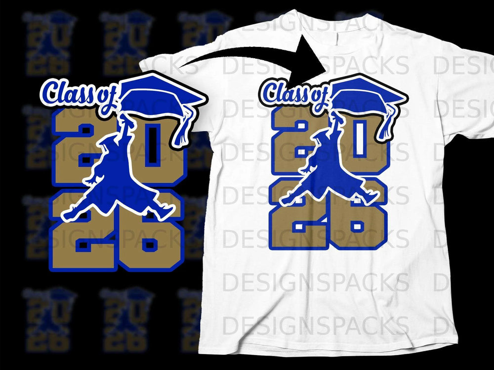 Blue and gold Class of 2026 graduation graphic on a white t-shirt.