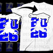 White t-shirt with blue "2026" graduation design and graduation cap graphic.