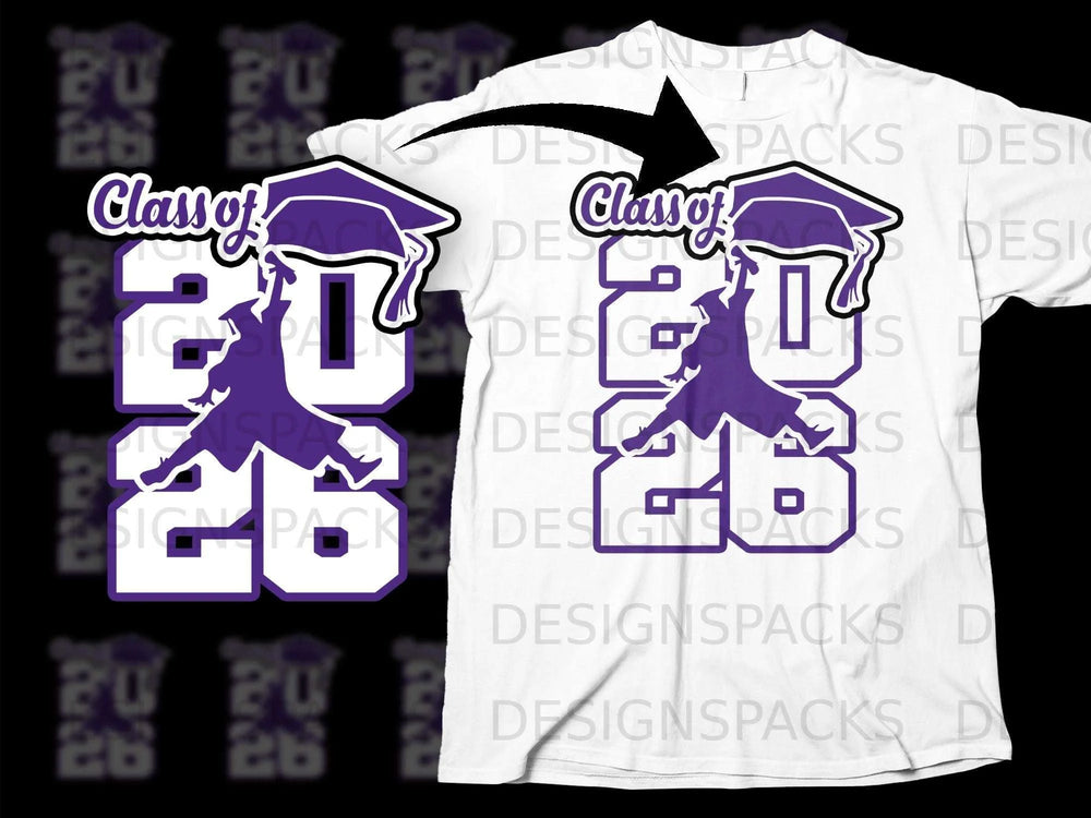 Purple "Class of 2026" graduation design on a white t-shirt.