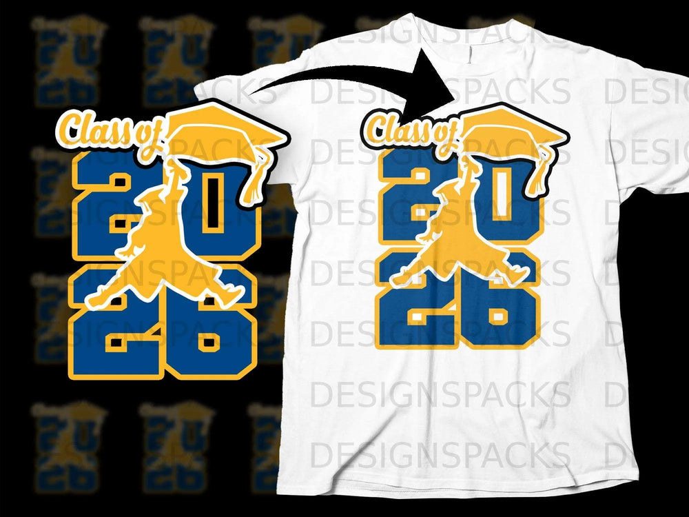 "Class of 2026" design with graduation cap and silhouette on white t-shirt.