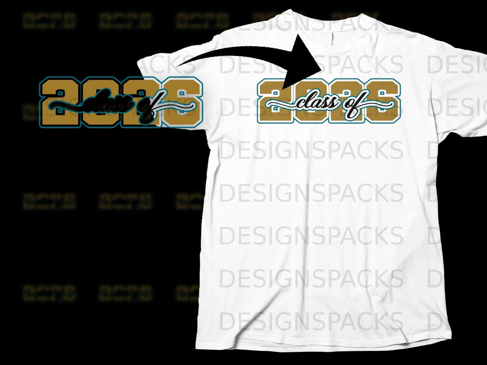 White t-shirt with "Class of 2023" text in gold and teal.