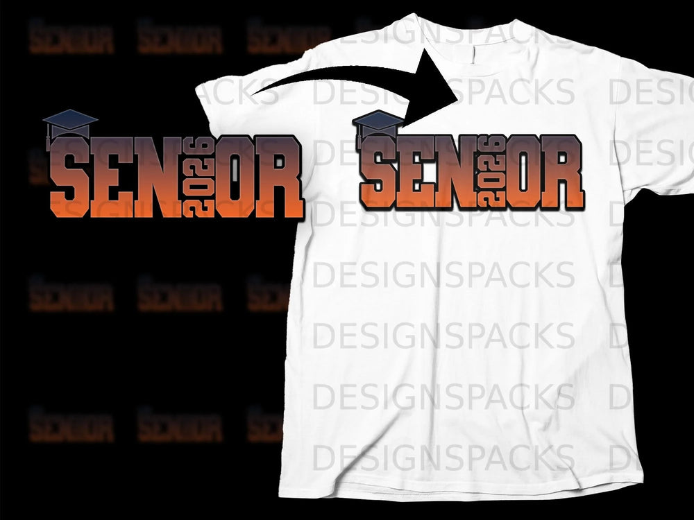 "Senior 2026" graphic with a graduation cap on a white t-shirt.