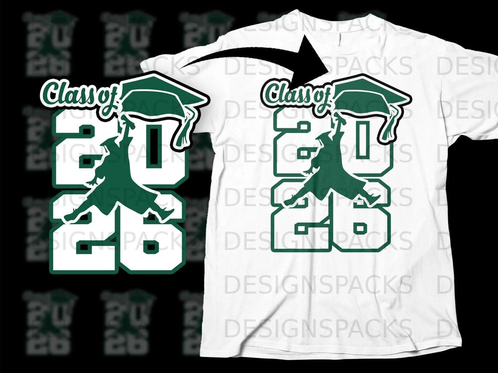 Green "Class of 2026" text with graduation cap and figure on a white t-shirt.
