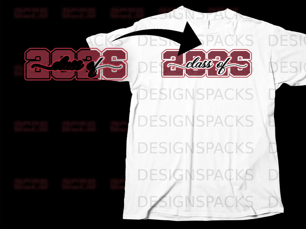 White t-shirt with "Class of 2026" text graphic in maroon and white.