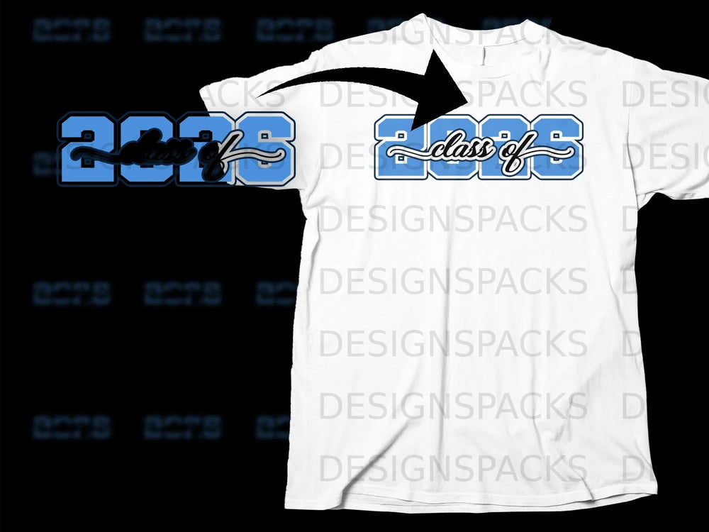 White t-shirt with a blue graphic that reads "Class of 2023".