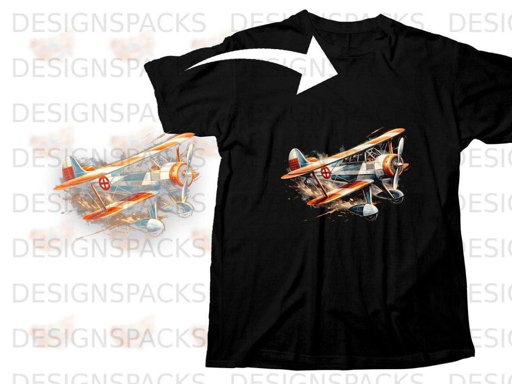 Black t-shirt with vintage biplane graphic and a white arrow pointing towards it.