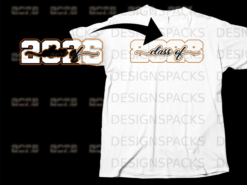 White t-shirt with "Class of 2023" graphic in orange and black.