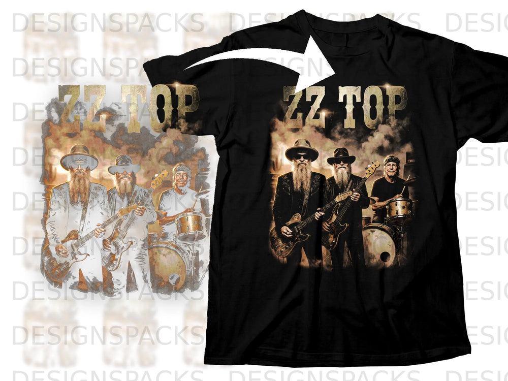 Black t-shirt featuring the band ZZ Top with guitars and drums.