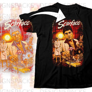 Black t-shirt featuring a Scarface movie graphic with Tony Montana and other characters.