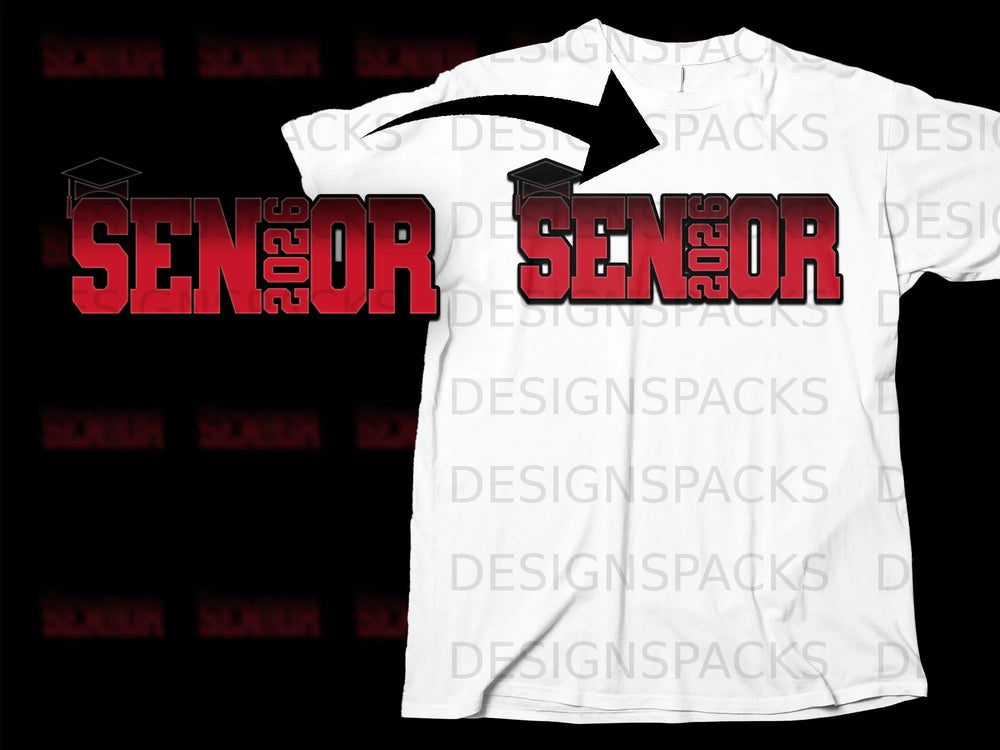 White t-shirt with "SENIOR 2026" text graphic and graduation cap.