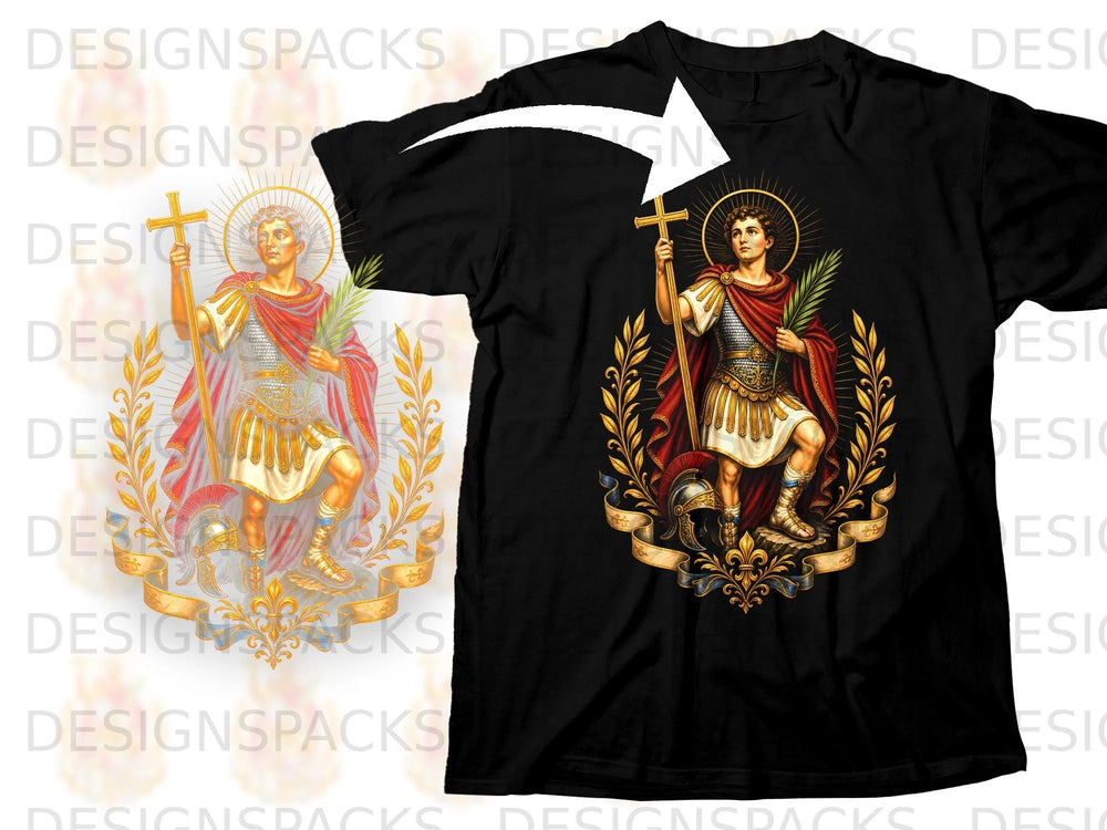 Saint Sebastian illustration with cross, palm frond, and laurel wreath on black shirt.