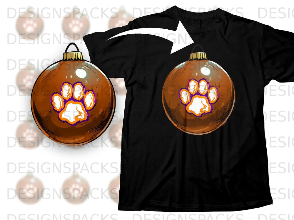 Black t-shirt with orange paw print ornament design.