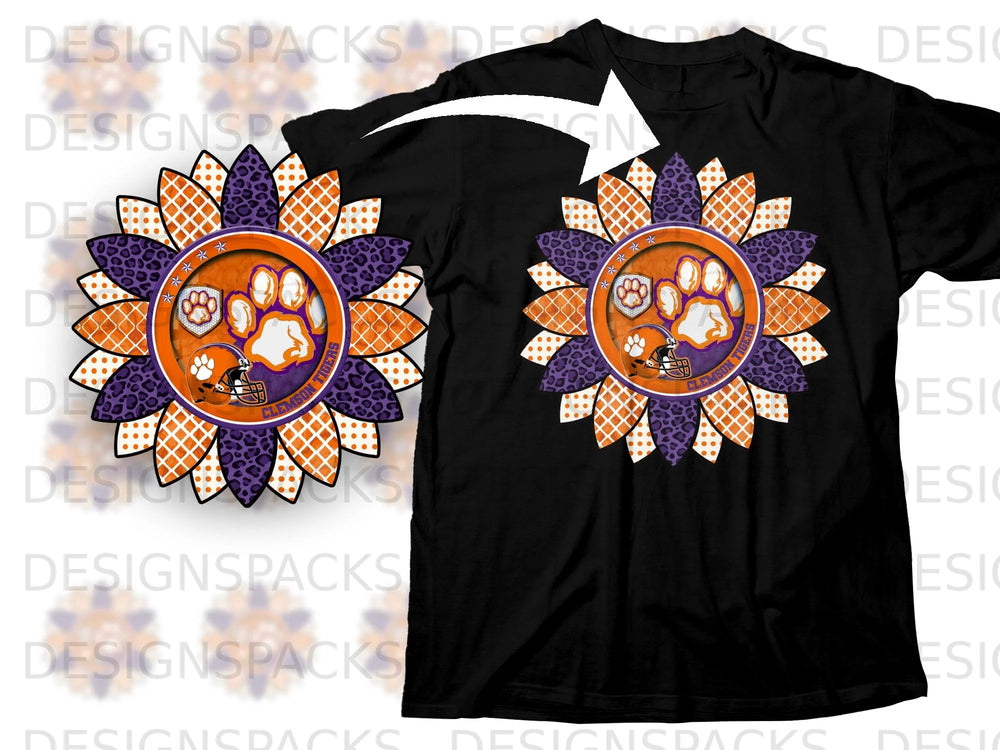 Sunflower graphic with Clemson Tigers paw print, helmet, and plaid patterns.