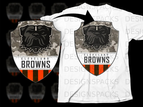Cleveland Browns shield logo with a bulldog on a white t-shirt.