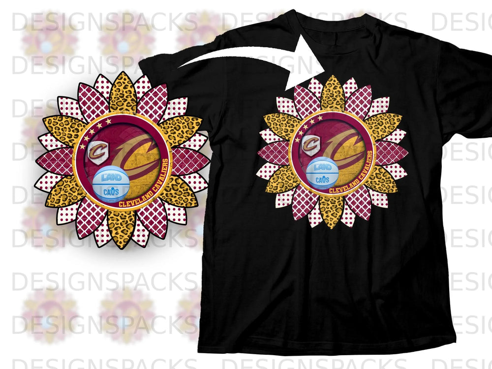 Cleveland Cavaliers sunflower graphic with team logos and basketball.