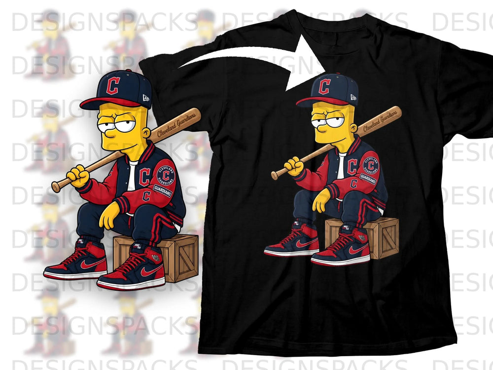 Bart Simpson in Cleveland Guardians attire holding a baseball bat on a black t-shirt.