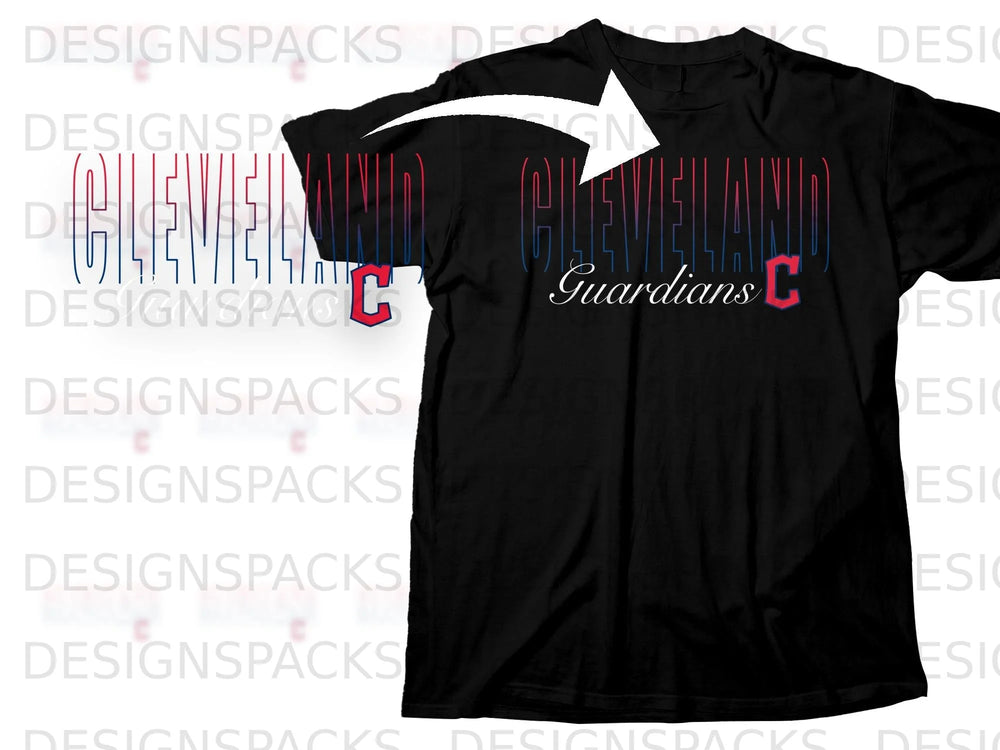 Black t-shirt with "Cleveland Guardians" text and Cleveland Guardians logo.
