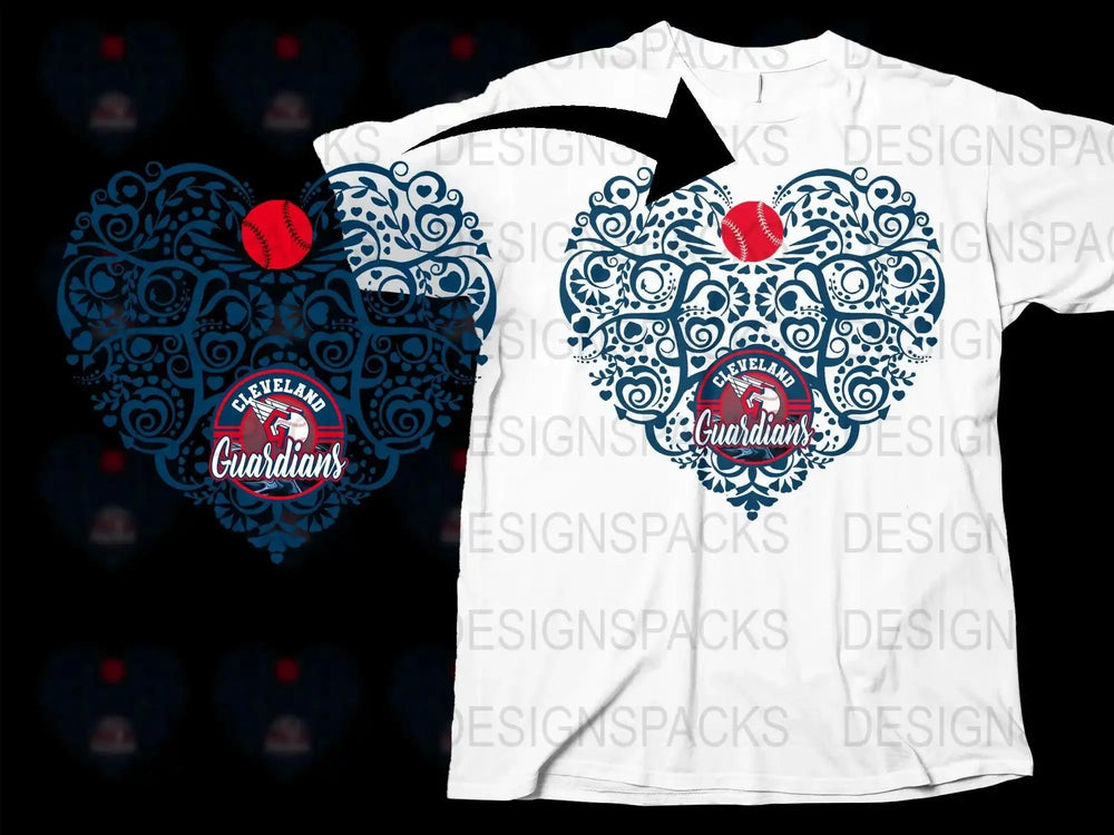 Cleveland Guardians Heart and Baseball Design Png Digital Download