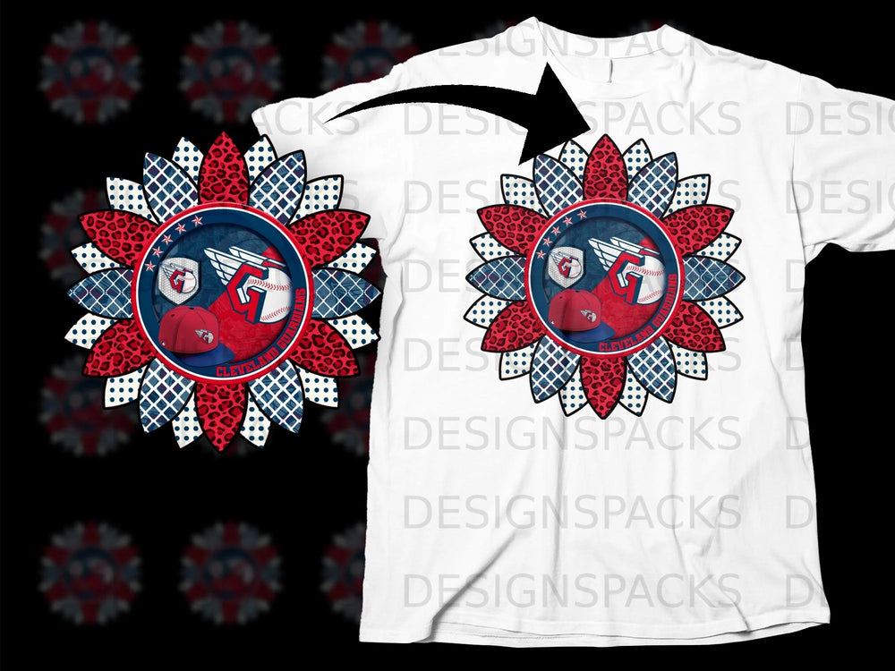 Cleveland Guardians sunflower logo with baseball and cap on a white t-shirt.