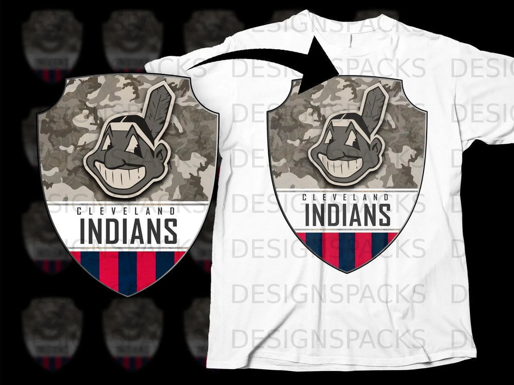 Cleveland Indians logo with camouflage background on a white t-shirt.