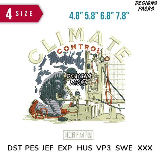 Climate Control embroidery design with workman, globe, and tools in 4 sizes, DST PES JEF formats