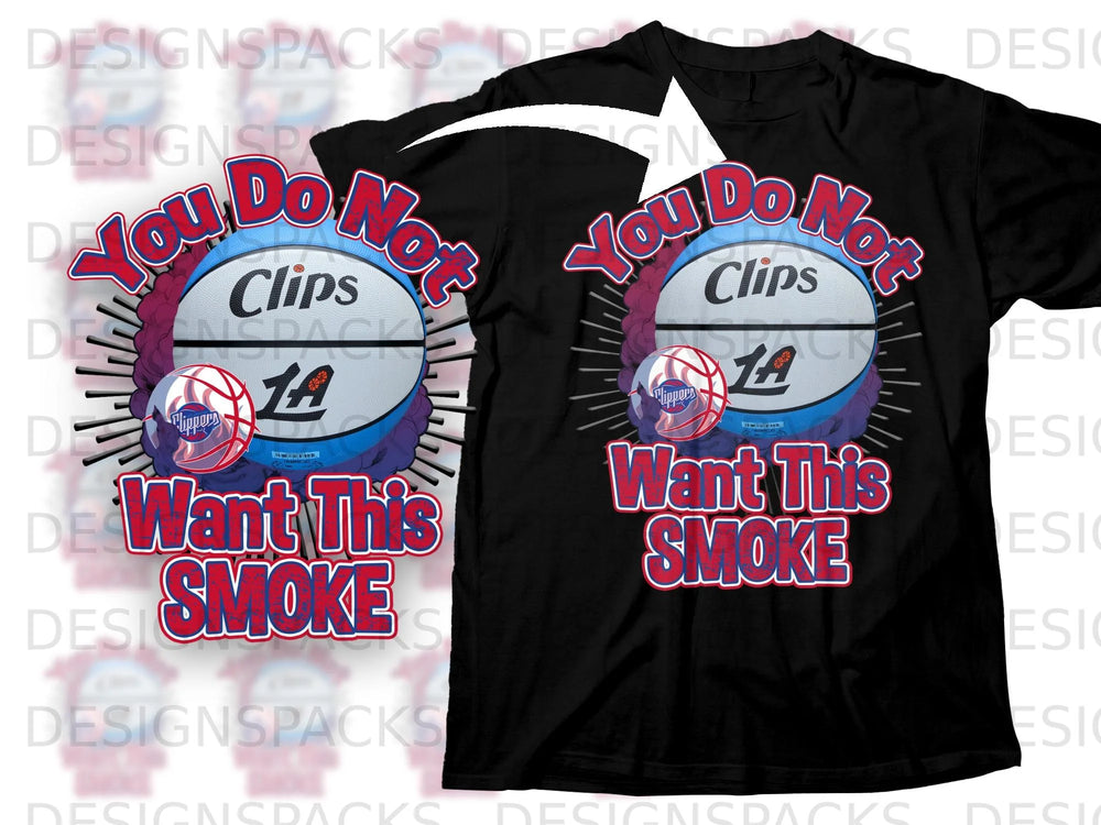 Black t-shirt with "You Do Not Want This Smoke" basketball graphic.