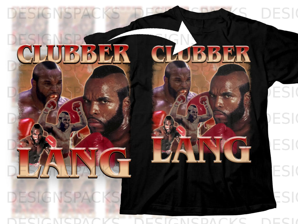 Black t-shirt with "Clubber Lang" boxer graphic and fighting images.